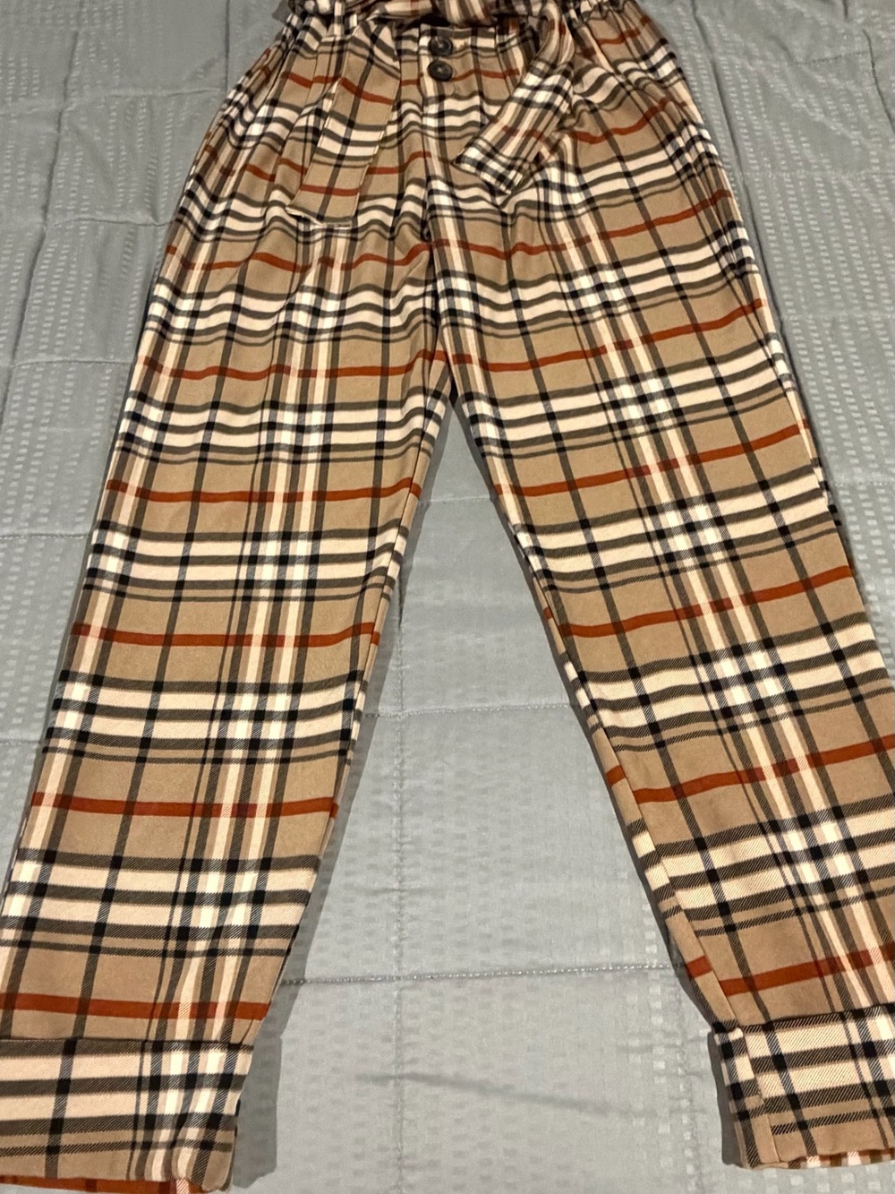 like an angel Beige Plaid Paperbag Waist Chinos